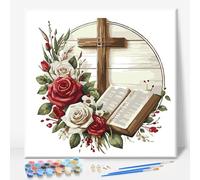 Paint by Numbers for Adults with Frame - Flowers Cross Easy Framed Paint by Numbers for Beginner, Christian Religious Acrylic Adult Painting by Number Kits on Canvas with Frame 10 x 10 Inch