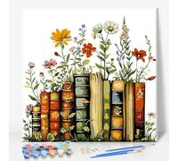 Paint by Numbers for Adults with Frame - Vintage Books Floral 10x10 Inch | Easy HD Colour Canvas with Frame, Acrylic Paint Set, DIY Wall Art, Stress Relief Hobby, Home Decor, Craft Gift for Beginners