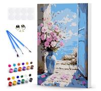 Paint by Numbers for Adults with Wooden Frame, Pink Flowers in a Vase, Painting by Number on Canvas, Paint by Numbers Kits Blue Sea, Acrylic Pigment Drawing Paintwork for Home Wall Decor 20x30cm
