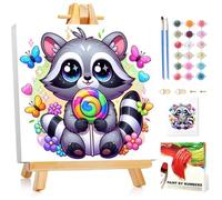 Paint by Numbers for Children with Frame and Woodeen Easel, Racoon Painting by Numbers Kits for Kids Ages 4-8-12, DIY Racoonl Acrylic Oil Painting for Home Wall Art Decor Gift 7.8x7.8Inch