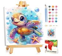 Paint by Numbers for Children with Frame and Woodeen Easel, Sear Turtle Painting by Numbers Kits for Kids Ages 4-8-12, DIY Sear Turtle Acrylic Oil Painting for Home Wall Art Decor Gift 7.8x7.8Inch