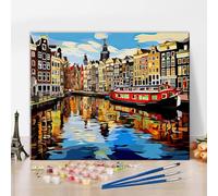 Paint by Numbers Kit for Adults Amsterdam Canal Houses Landscape Painting with Spring Trees DIY Art Set Includes 16x20 Inch Canvas Acrylic Paints and Brushes European Cityscape Gift Idea