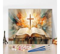Paint by Numbers Kit for Adults Christian Cross with Bible Religious Painting DIY Art Set Includes 16x20 Inch Canvas Acrylic Paints and Brushes Inspirational Christian Gift Idea for Faith Decor