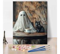 Paint by Numbers Kit for Adults Ghostly Figure with Black Cat Vintage Gothic Art DIY Canvas Painting Set Includes 16x20 Inch Canvas Acrylic Paints and Brushes Spooky Halloween Home Decor Gift Idea