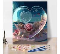 Paint by Numbers Kit for Adults, Landscape DIY Paint by Numbers, Heart-Shaped Glass Crystal Art Paint by Numbers Kit for Adults White Beach Canvas Acrylic Painting Arts and Craft 16x20Inch Frameless