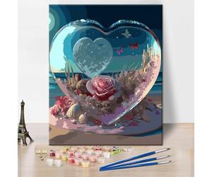 Paint by Numbers Kit for Adults, Landscape DIY Paint by Numbers, Heart-Shaped Glass Crystal Art Paint by Numbers Kit for Adults White Beach Canvas Acrylic Painting Arts and Craft 16x20Inch Frameless