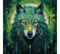 Paint by Numbers Kits,40Cm X 40Cm,DIY Acrylic Painting for Adults and,with Paints Brushes and Card Sized Magnifier,Ancient Egypt Style Green Wolf Magic Circle,with Frame