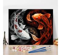 Paint by Numbers Kits for Adults Beginner Black and Red Koi Fish Digital Art Lucky Goldfish Oil Painting DIY Paint by Number for Home Wall Decoration 16 x20 inch