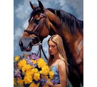 Paint by Numbers Kits for Adults,DIY Color Oil Painting Acrylic Paints for Home Wall Decor 16x20inch，Girl and Black Horse Roses,Frameless