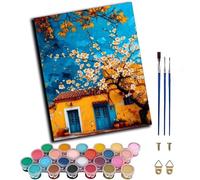 Paint by Numbers Kits for Adults,Painting by Number On Canvas,DIY Oil Paintings Acrylic Paints,Home Wall Decor 16x20in/40x50cm,Blue Sky Yellow House White Flowers,Frameless