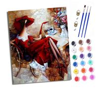Paint by Numbers Kits for Adults Painting Kits for Beginners On Clear Symbols Colored Canvas Afternoon Tea with the Lady in Red Dress Easy DIY Acrylic Pigment Drawing Paintwork for Home Wall Decor