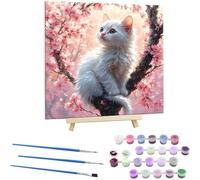 Paint by Numbers Kits for Adults, Painting Kits for Beginners On Clear Symbols Colored Canvas, DIY Acrylic Pigment Drawing Paintwork for Home Wall Decor, 30x30cm with frame, Cherry Blossom Cat C-953