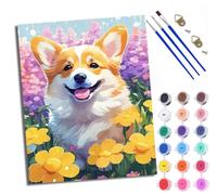 Paint by Numbers Kits for Adults Painting Kits for Beginners On Clear Symbols Colored Canvas Happy Corgi in The Flowers Easy DIY Acrylic Pigment Drawing Paintwork for Home Wall Decor with Frame