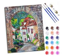 Paint by Numbers Kits for Adults Painting Kits for Beginners On Clear Symbols Colored Canvas Small Town Flowers and Green Plants Easy Acrylic Pigment Drawing Paintwork for Home Wall Decor with Frame