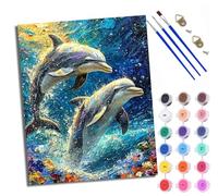 Paint by Numbers Kits for Adults Painting Kits for Beginners On Clear Symbols Colored Canvas Two Dolphins Leaping into the Sea Easy DIY Acrylic Pigment Drawing Paintwork for Home Wall Decor 16x20in