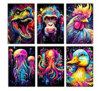Paint by Numbers Set with Graffiti Animals for Adults, Dinosaur Monkey Rooster, 6 Pieces, Paint by Numbers Set for Beginners, Acrylic on Canvas, DIY Oil Painting Set for Gift, Home Decoration