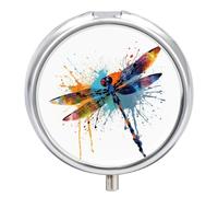Paint Splash Dragonfly Pill Box Cute Round Small Pill Organizer Portable with 3 Compartments Travel Metal Pill Case for Pocket Or Purse Privacy Protecting Medicine Box