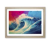 Paint Splash Ocean Wave Abstract Framed Wall Art Print A2 Oak