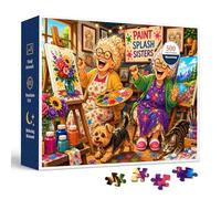 Paint Splash Sisters 500 Piece Jigsaw Puzzle for Adults, Colorful Art Studio Scene with Laughing Grandmas, Flower Painting, Mountain Canvas, Paint Jars, Pets, and Cheerful Cartoon Detail to Build