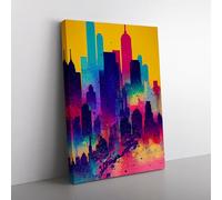 Paint Splashed City Skyline No.3 Abstract Purple, Gold, Pink Canvas Wall Art Print Ready to Hang, Framed Picture for Living Room Bedroom Home Office Décor, 76x50 cm (30x20 Inch)