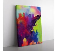 Paint Splashed City Skyline No.5 Abstract Purple, Red, Green Canvas Wall Art Print Ready to Hang, Framed Picture for Living Room Bedroom Home Office Décor, 76x50 cm (30x20 Inch)