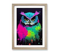 Paint Splashed Owl No.5 Abstract Framed Print for Living Room Bedroom Home Office Décor, Wall Art Picture Ready to Hang, Oak A3 Frame (34 x 46 cm)