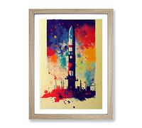 Paint Splashed Spaceship Rocket No.2 Abstract Framed Print | A4 Oak Framed Wall Art | Ready to Hang | Abstract Fantasy Picture | Living Room Bedroom Lounge Office