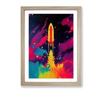 Paint Splashed Spaceship Rocket No.5 Abstract Framed Print for Living Room Bedroom Home Office Décor, Wall Art Picture Ready to Hang, Oak A2 Frame (64 x 46 cm)