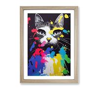 Paint Splat Cat Framed Wall Art Print A2 Oak