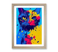 Paint Splat Cat No.1 Framed Print | A3 Oak Framed Wall Art | Ready to Hang | Modern Animal Picture | Living Room Bedroom Lounge Office