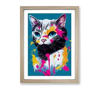 Paint Splat Cat No.3 Framed Print | A2 Oak Framed Wall Art | Ready to Hang | Modern Animal Picture | Living Room Bedroom Lounge Office