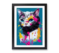 Paint Splat Cat No.3 Framed Print | A3 Black Framed Wall Art | Ready to Hang | Modern Animal Picture | Living Room Bedroom Lounge Office