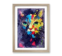 Paint Splat Cat No.4 Framed Print | A2 Oak Framed Wall Art | Ready to Hang | Modern Animal Picture | Living Room Bedroom Lounge Office