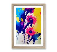 Paint Splat Flowers No.4 Abstract Framed Print for Living Room Bedroom Home Office Décor, Wall Art Picture Ready to Hang, Oak A2 Frame (64 x 46 cm)