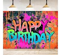 Paint Splatter Happy Birthday Photography Backdrop Colorful Neon Glow Graffiti Abstract Splash Painting Background Party Decor 240x180cm