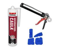 Paintable Soudal Decorators Caulk White Acrylic Gap Filler For Frames & Skirting, Bundled With Caulking Gun And Reusable Silicone Smoothing Tool Set For Neat Lines