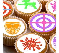 Paintball Pre-cut Edible Wafer Gaming Cupcake Toppers, Splat and Target Designs, Round Cake Party Decorations x 24