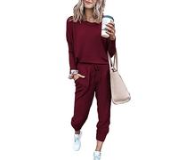 Paintcolors Women's 2 Piece Outfit Long Sleeve Crewneck Tracksuit Solid Color Sweatsuit Lounge Matching Set with Pockets, Burgundy-solid, XX-Large