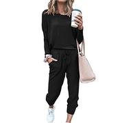 Paintcolors Women's 2 Piece Outfit Long Sleeve Crewneck Tracksuit Solid Color Sweatsuit Lounge Matching Set with Pockets, Black, Medium