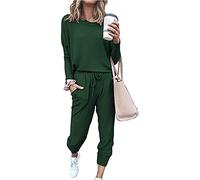 Paintcolors Women's 2 Piece Outfit Long Sleeve Crewneck Tracksuit Solid Color Sweatsuit Lounge Matching Set with Pockets, Dark Green-solid, Small