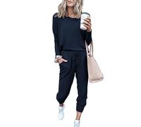 Paintcolors Women's 2 Piece Outfit Long Sleeve Crewneck Tracksuit Solid Color Sweatsuit Lounge Matching Set with Pockets, Navy Blue_c19, XX-Large