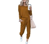 Paintcolors Women's 2 Piece Outfit Long Sleeve Crewneck Tracksuit Solid Color Sweatsuit Lounge Matching Set with Pockets, Light Brown_c19, X-Large
