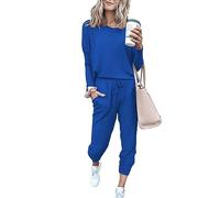 Paintcolors Women's 2 Piece Outfit Long Sleeve Crewneck Tracksuit Solid Color Sweatsuit Lounge Matching Set with Pockets, Bright Blue-c19, Large
