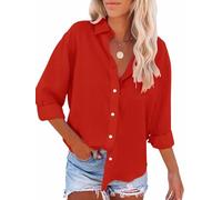 Paintcolors Women's Button Down Shirts Cotton Long Sleeve Blouses V Neck Casual Tunics Solid Color Tops with Pockets, Red_a46, M