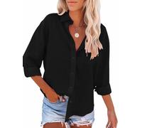 Paintcolors Women's Button Up Shirts Cotton Roll-Up Sleeve Blouses V Neck Casual Tunics Solid Color Tops with Pockets, Black_018, XX-Large