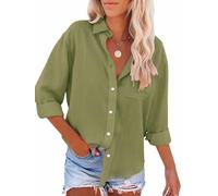 Paintcolors Women's Button Up Shirts Cotton Short Sleeve Blouses V Neck Casual Tunics Solid Color Tops with Pockets - Green033 - Small