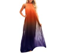 Paintcolors Women's Casual Halter Sleeveless Pleated Long Maxi Dress Backless Loose Ombre Summer Beach Chiffon Flowy Sundress, Sunset Red 03, S