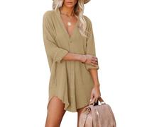 Paintcolors Women's Long Sleeve Button Down Tunic Dresses Beach Cover-ups Oversized Blouse Tops with Pockets -Khaki_a31 XL, Khaki_a31, XL