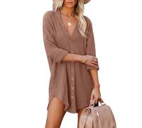 Paintcolors Women's Long Sleeve Cotton Button Down Tunic Dresses Beach Cover-ups Oversized Blouse Tops with Pockets, 3_Camel, M