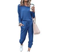 Paintcolors Women's Printed Two Piece Outfit Long Sleeve Crewneck Pullover Tops And Long Pants Sweatsuits Tracksuits, Denim Blue-solid, XL
